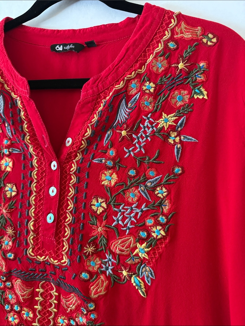 64 Sixty Five Embroidered Tunic Size XXL Red Multicolor Floral Boho Long Sleeve - Picture 6 of 13